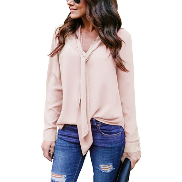 🆕️Long Sleeve Casual V Neck Chiffon Blouses Khaki - Picture 3 of 5